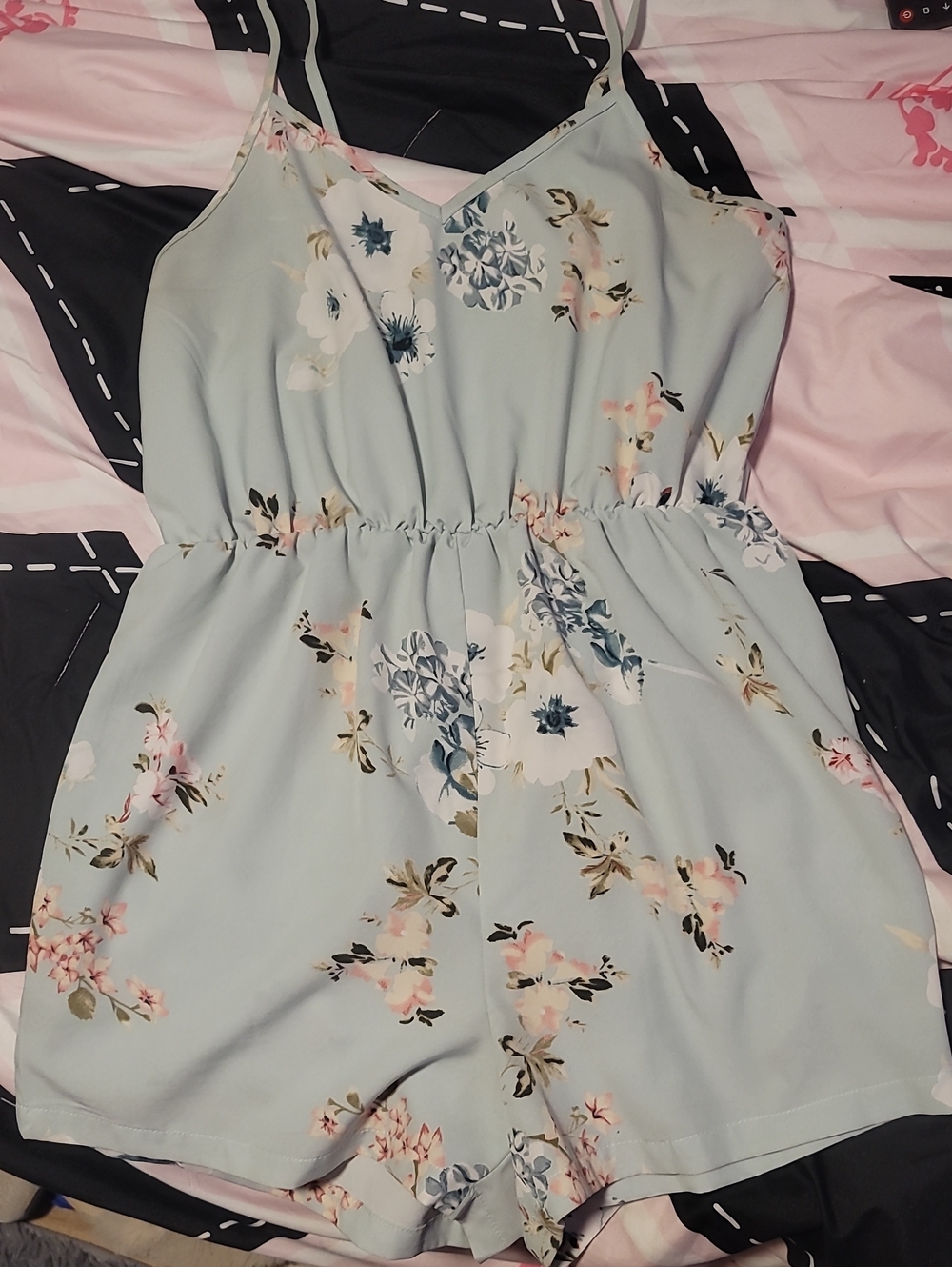 SHEIN Light Blue Floral Spaghetti-Strap Romper